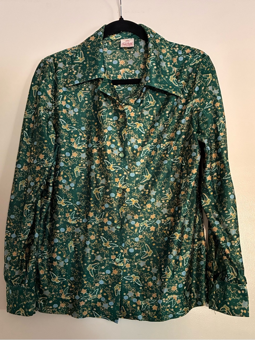 Graff Green Floral Cuff Button Up Women Boho Cottagecore Garden Blouse